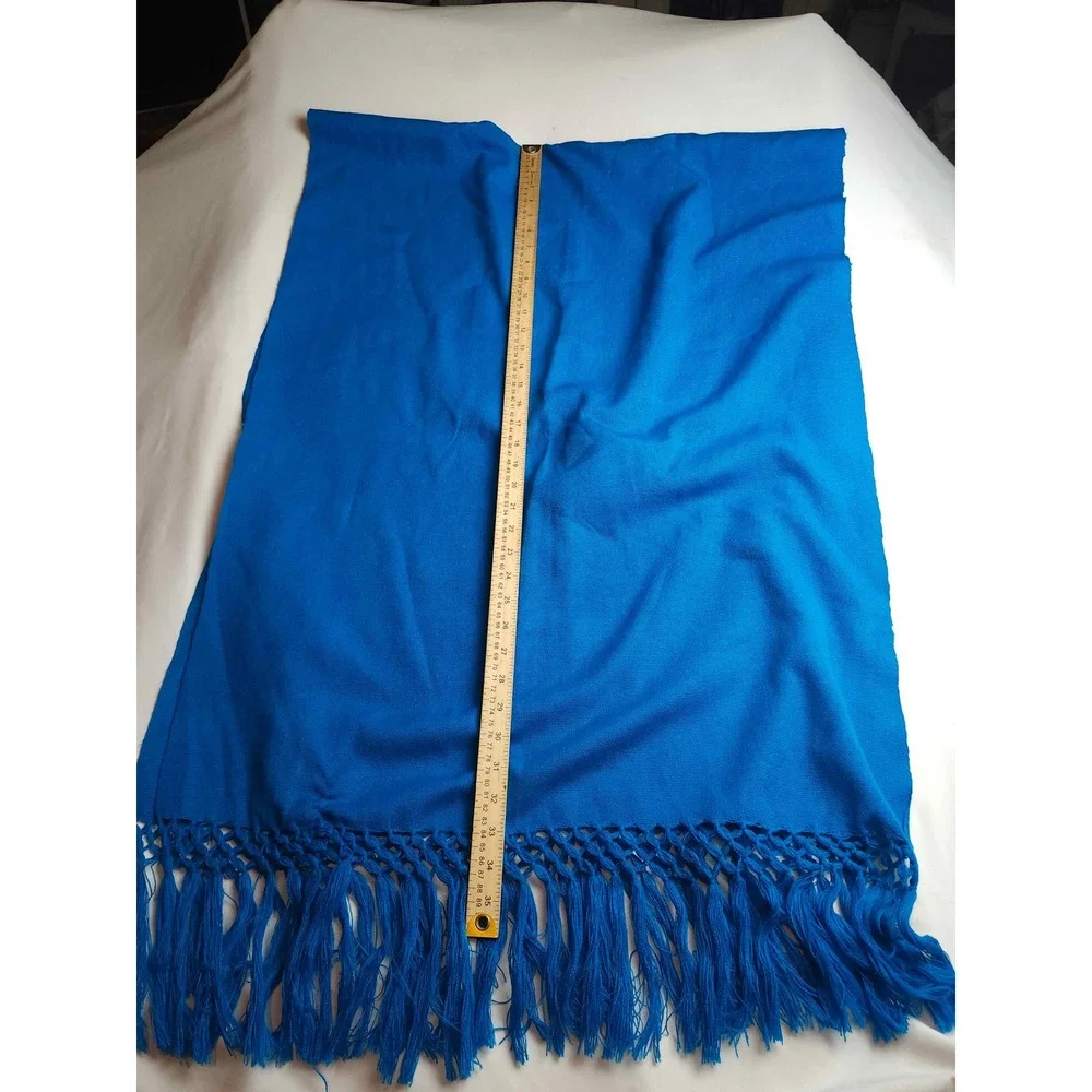 Vibrant Blue Pashmina Wrap Scarf with Knotted Fringe Trim Rectangle Shawl